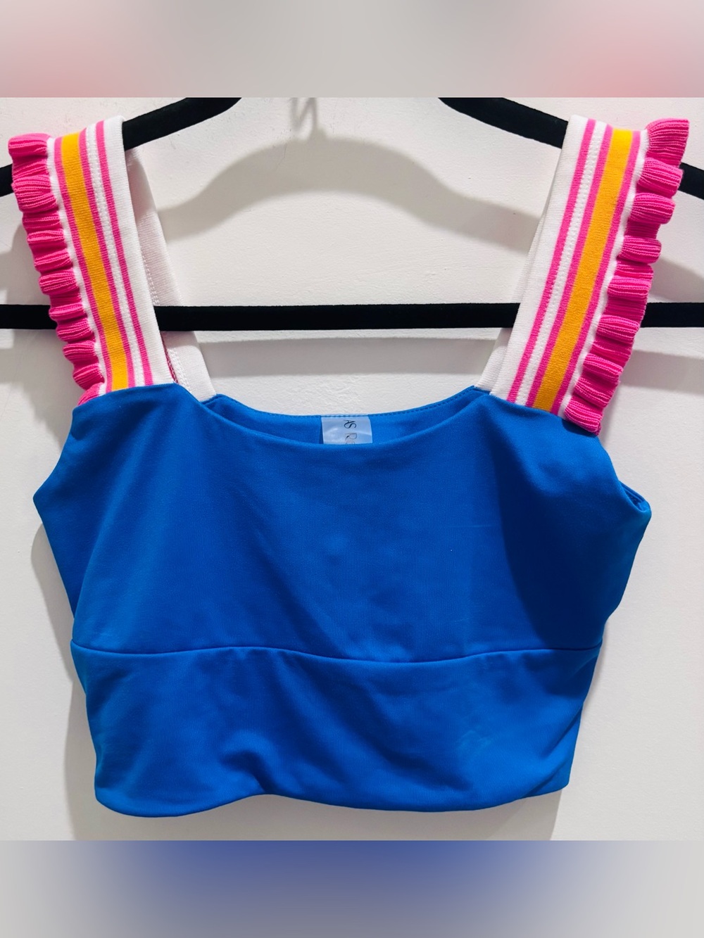 Bright Blue Crop Top with Pink Stripe Ruffle Straps